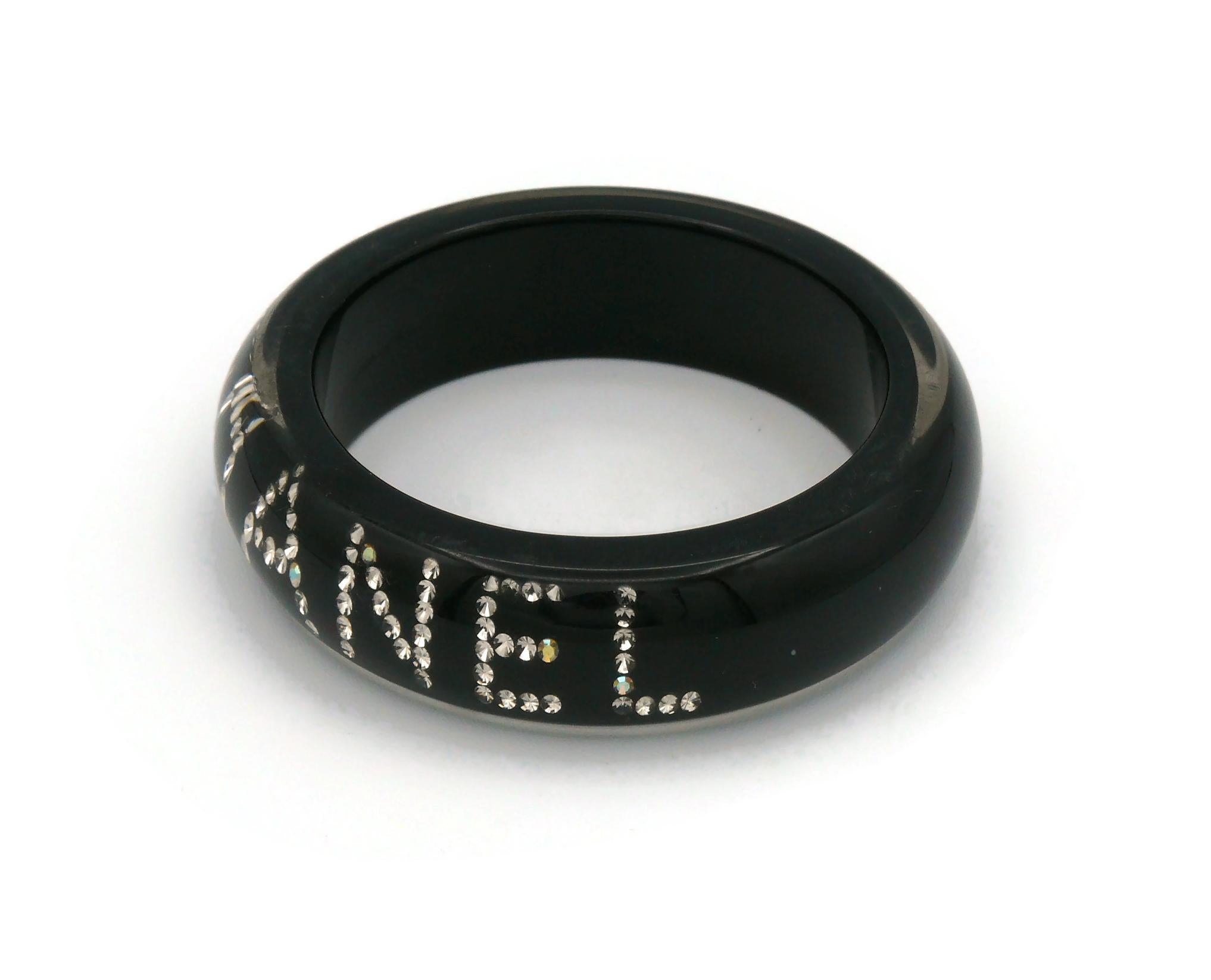 CHANEL Black Resin Crystal Logo Inlaid Wide Bangle Bracelet Fall 2003 For Sale 2