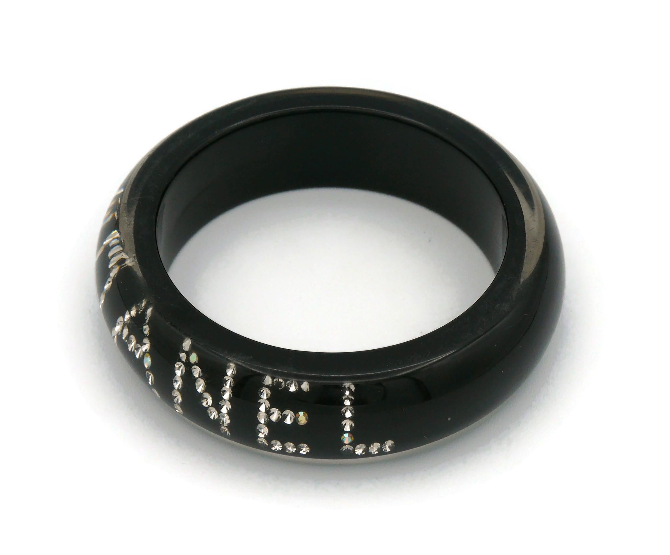 CHANEL Black Resin Crystal Logo Inlaid Wide Bangle Bracelet Fall 2003 For Sale 3