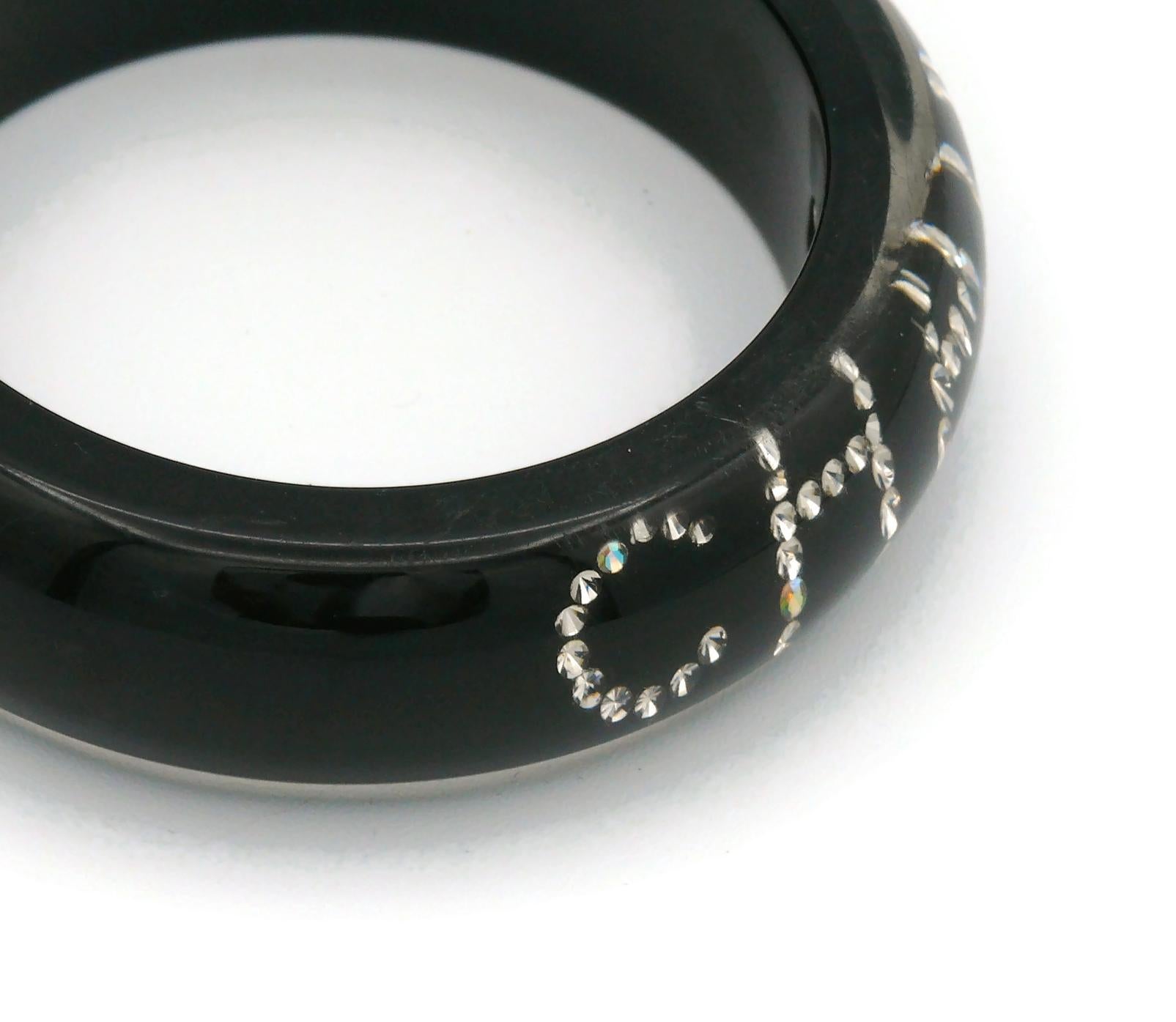 CHANEL Black Resin Crystal Logo Inlaid Wide Bangle Bracelet Fall 2003 For Sale 5