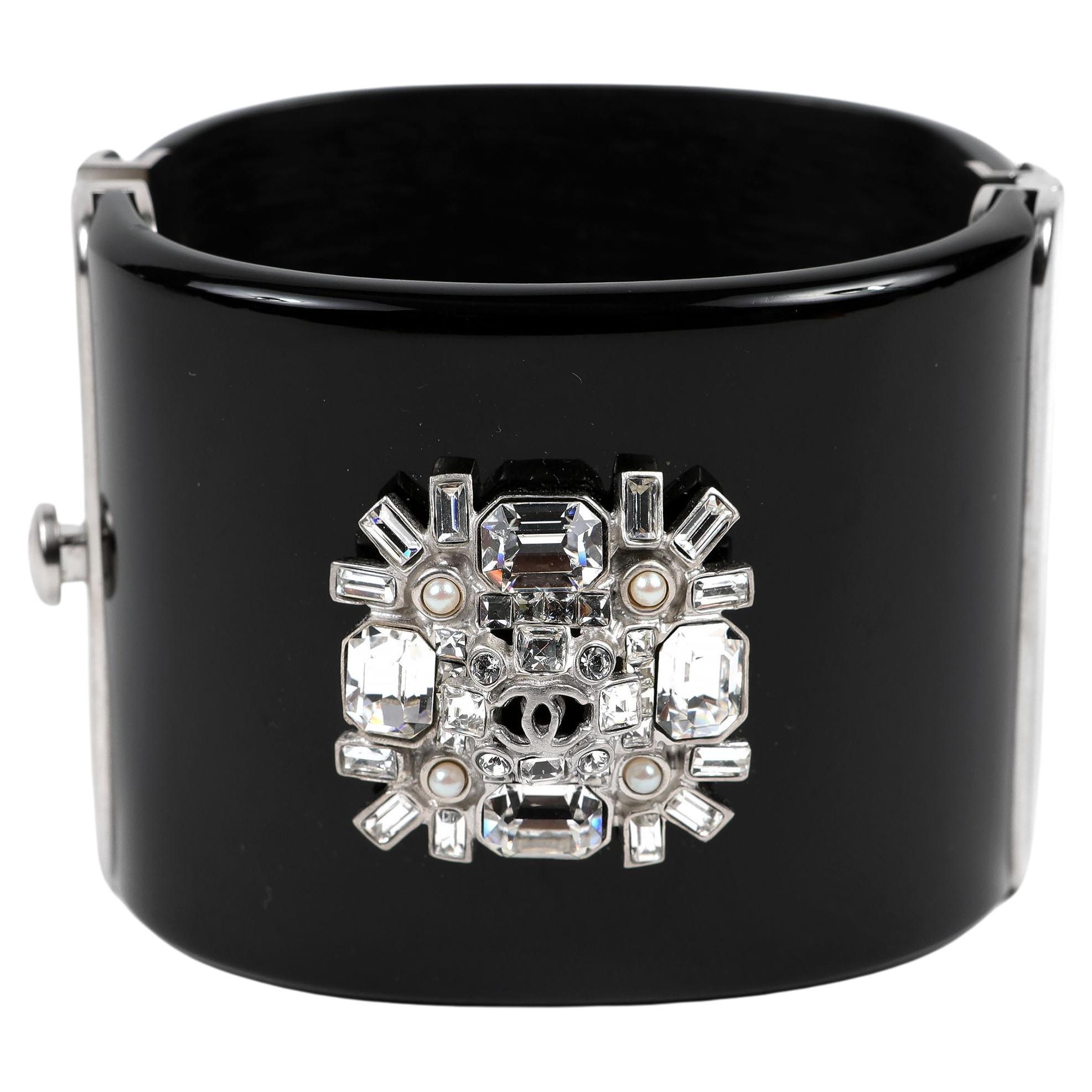 Chanel Black Resin Crystal Verre Crest Cuff For Sale