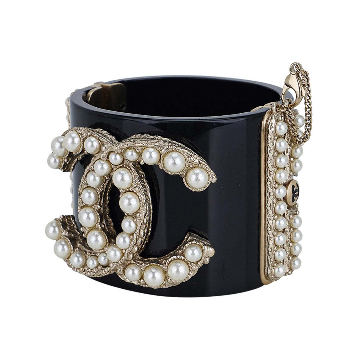 Chanel Black Resin / Faux Pearl Encrusted CC Clamper Cuff Bracelet c 2011 4