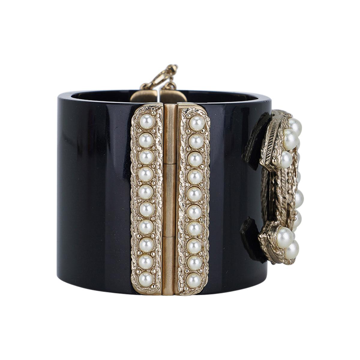 Chanel Black Resin / Faux Pearl Encrusted CC Clamper Cuff Bracelet c 2011 In New Condition In Miami, FL