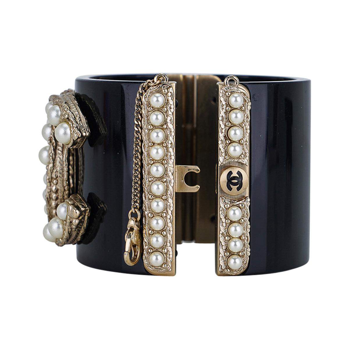 Women's Chanel Black Resin / Faux Pearl Encrusted CC Clamper Cuff Bracelet c 2011