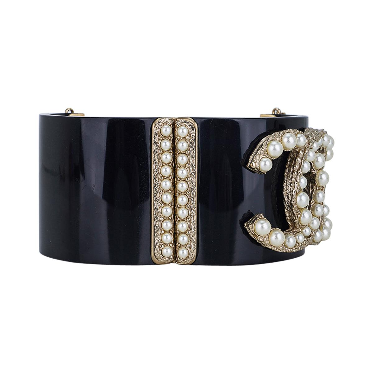 Chanel Black Resin / Faux Pearl Encrusted CC Clamper Cuff Bracelet c 2011 1