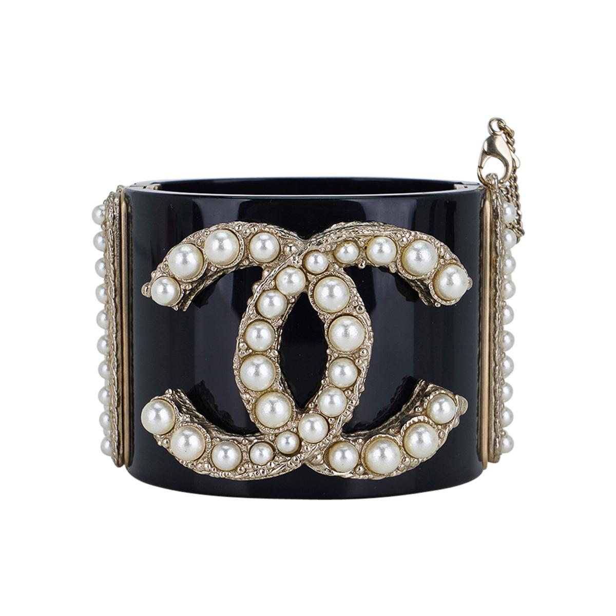 Chanel Black Resin / Faux Pearl Encrusted CC Clamper Cuff Bracelet c 2011 2