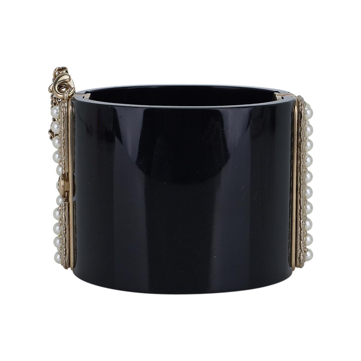 Chanel Black Resin / Faux Pearl Encrusted CC Clamper Cuff Bracelet c 2011 3