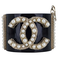 Chanel Black Resin / Faux Pearl Encrusted CC Clamper Cuff Bracelet c 2011