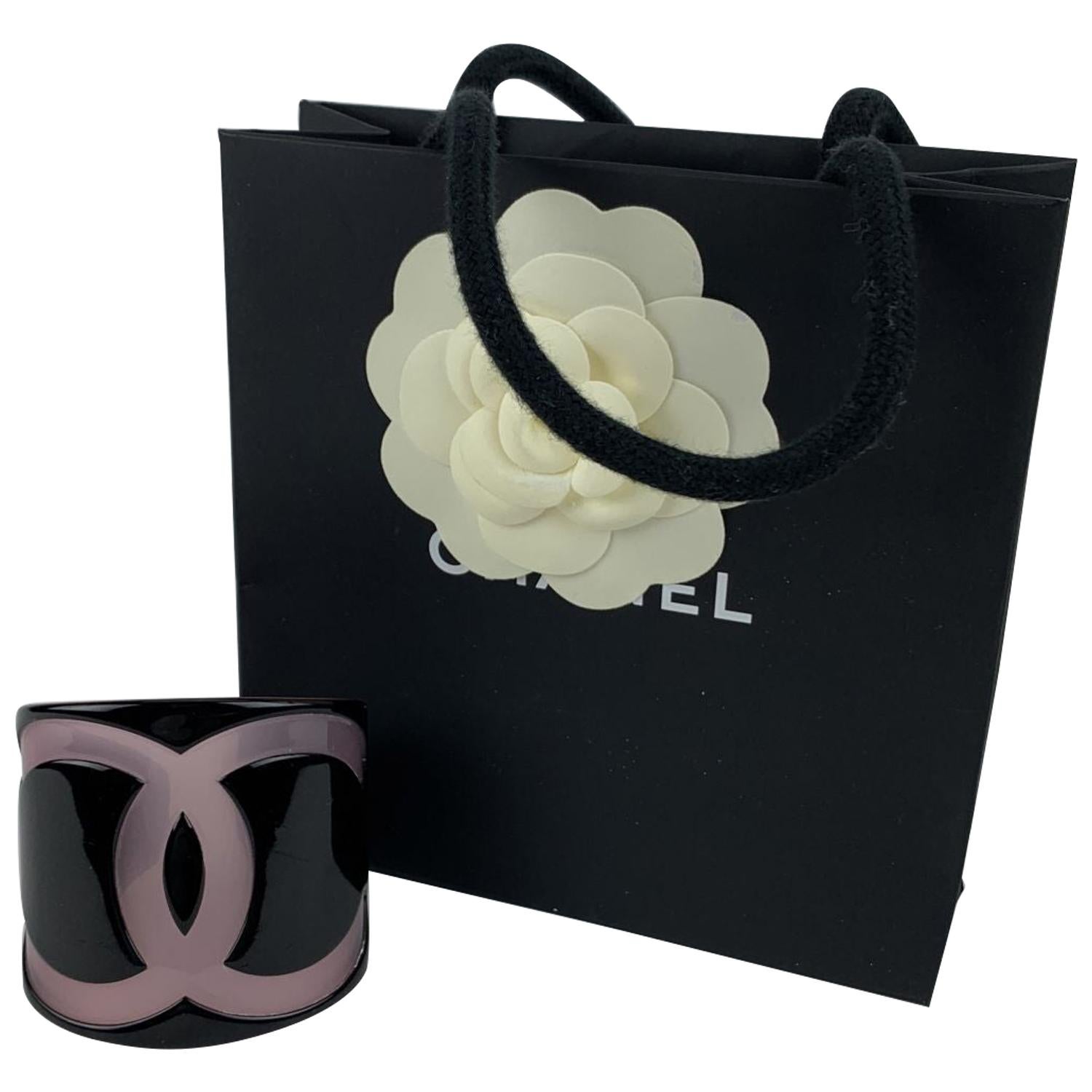 Chanel Black Resin Large CC Logo Plastic Cuff Bangle Bracelet