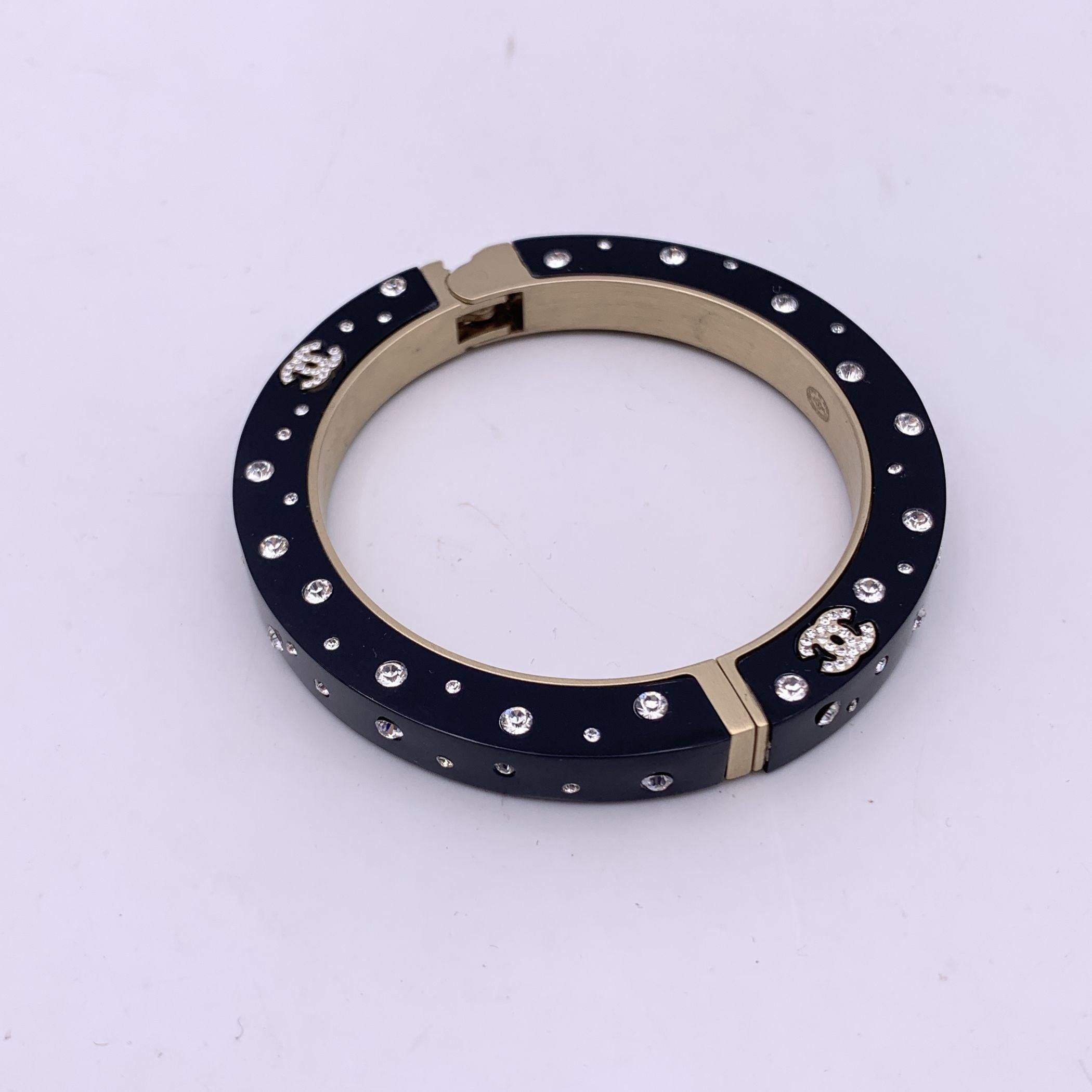 Women's Chanel Black Resin Rhinestone Crystal CC Logo Cuff Bangle Bracelet For Sale