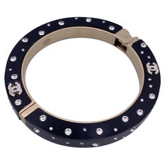 Chanel Black Resin Rhinestone Crystal CC Logo Cuff Bangle Bracelet