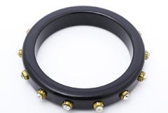 Chanel Black Resin Rhinestone White Faux Pearls Bangle Bracelet