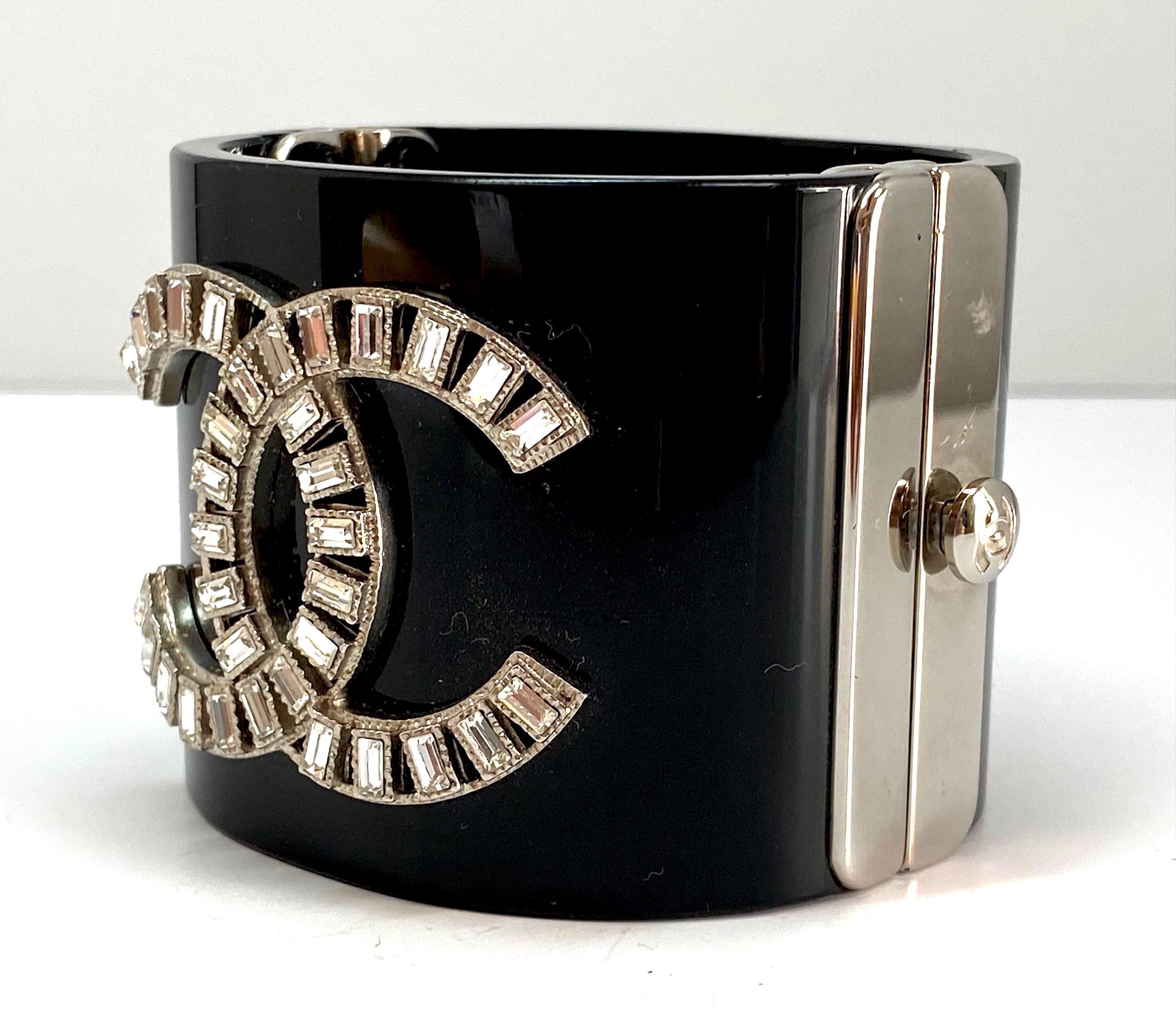 Chanel Black Resin with Rhinestone Logo Cuff, Spring 2009 Collection In Good Condition In New York, NY