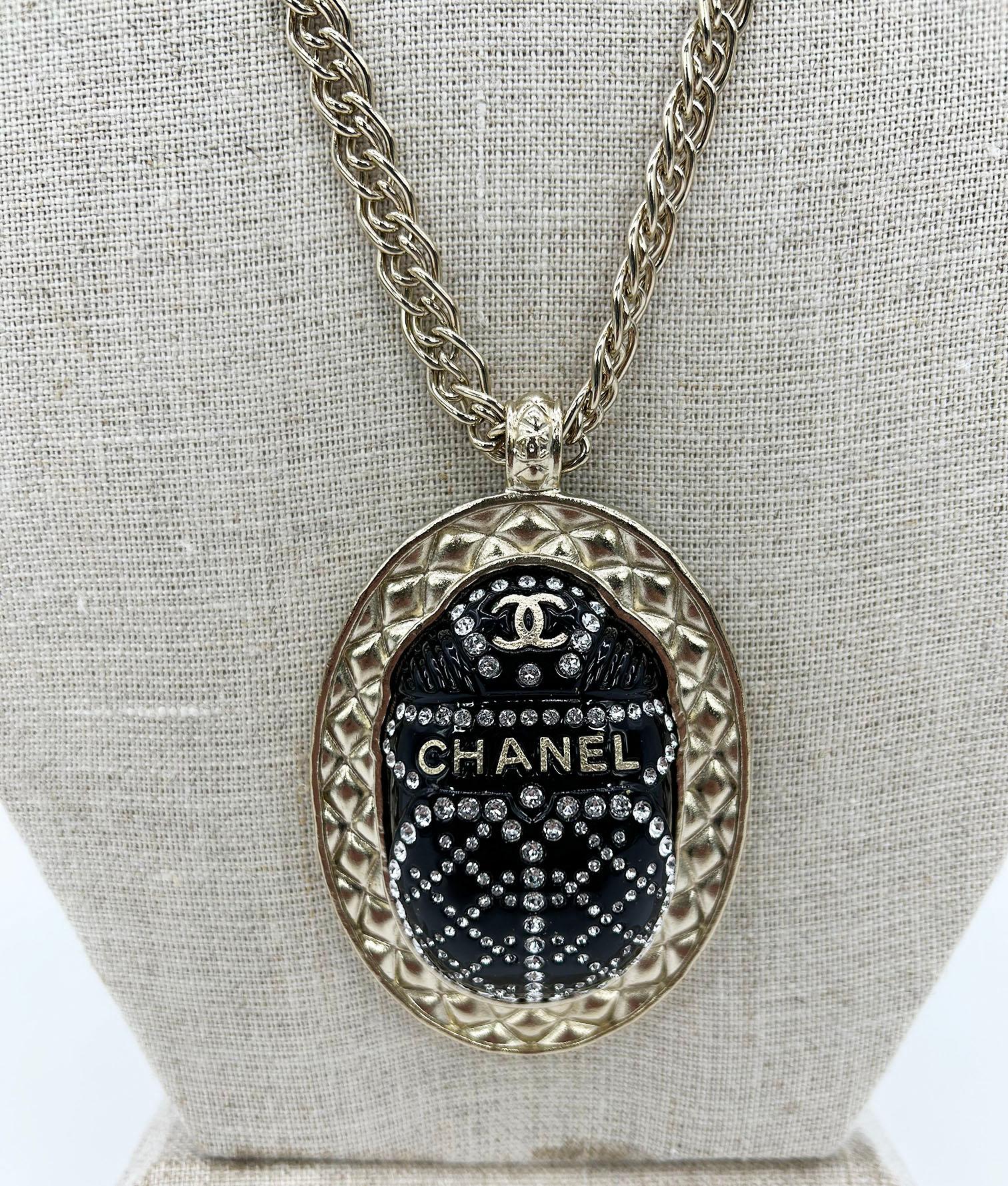 Chanel Black Rhinestone Egyptian Scarab Necklace  For Sale 4