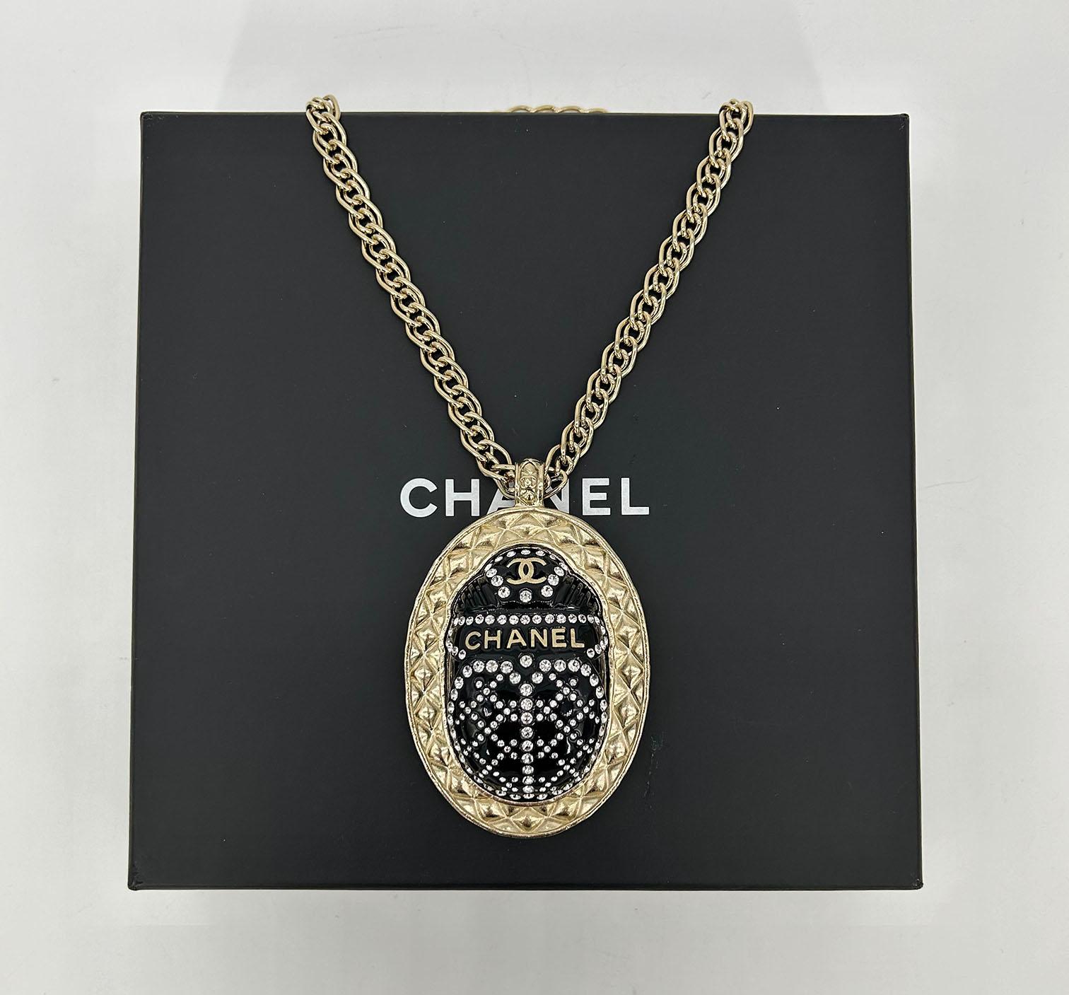 Chanel Black Rhinestone Egyptian Scarab Necklace  For Sale 6