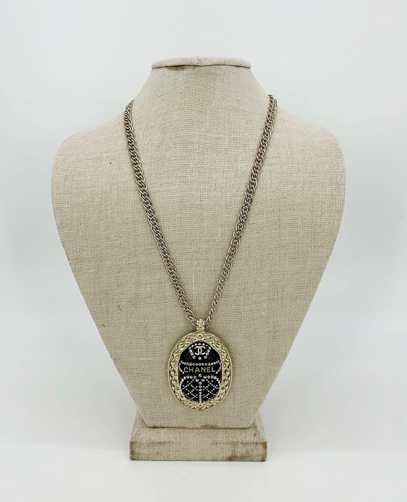 Chanel Black Rhinestone Egyptian Scarab Necklace  For Sale 3