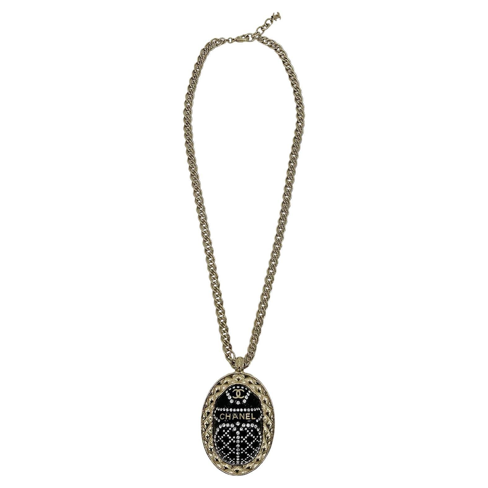 Chanel Black Rhinestone Egyptian Scarab Necklace  For Sale