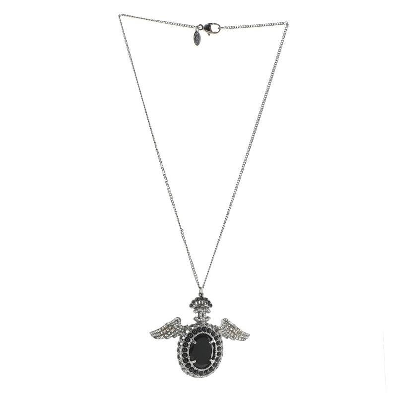 Chanel Oval Wing Metal and Rhinestone Pendant Necklace with cabochon Bead, silver-tone long chain, and lobster claw closure.
 

63580MSC