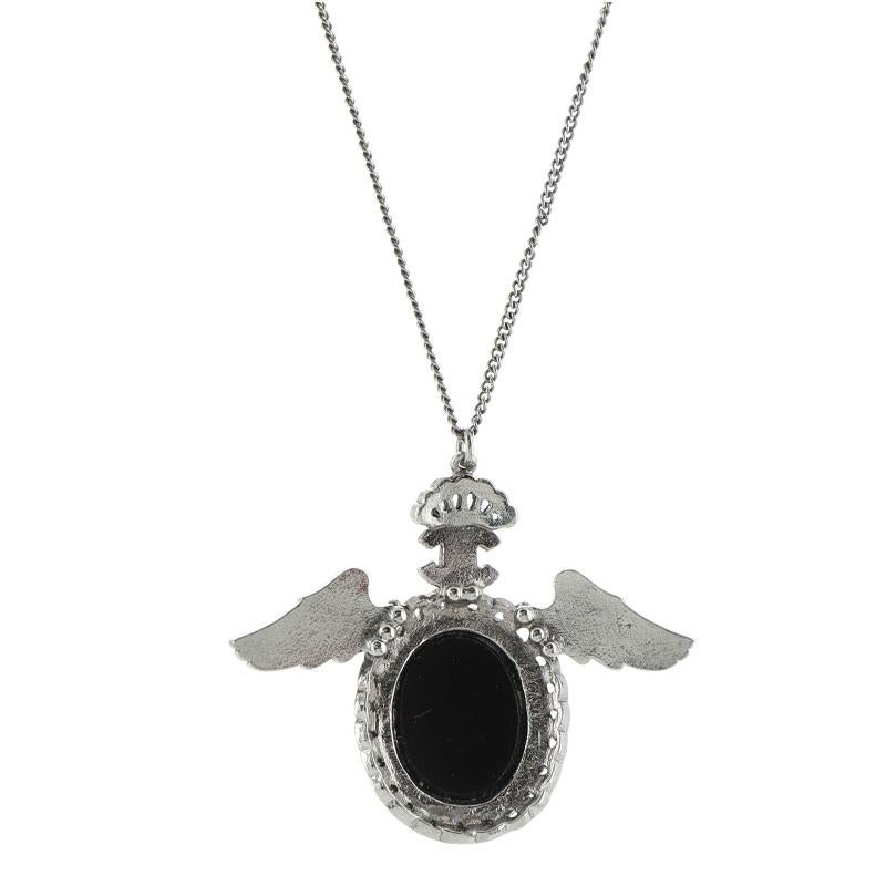 Chanel Black Rhinestones Cabochon Beads Oval Wing Pendant Necklace In Good Condition For Sale In Irvine, CA