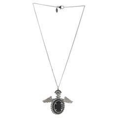 Chanel Black Rhinestones Cabochon Beads Oval Wing Pendant Necklace