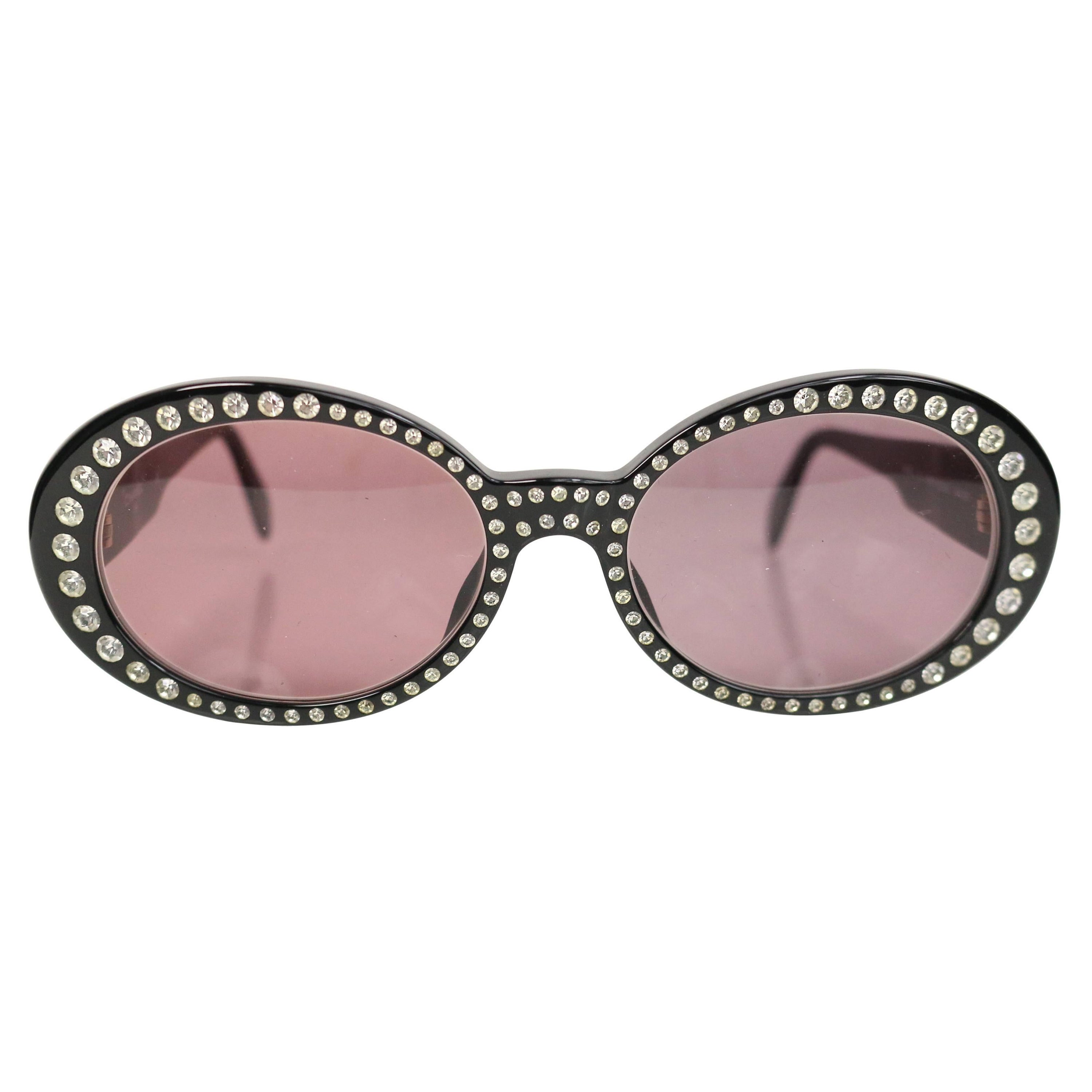 Chanel Black Rhinestones Oval Frames Sunglasses