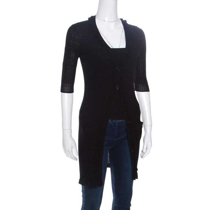 Chanel Black Rib Knit Ruffle Trim Long Cardigan S In Good Condition For Sale In Dubai, Al Qouz 2