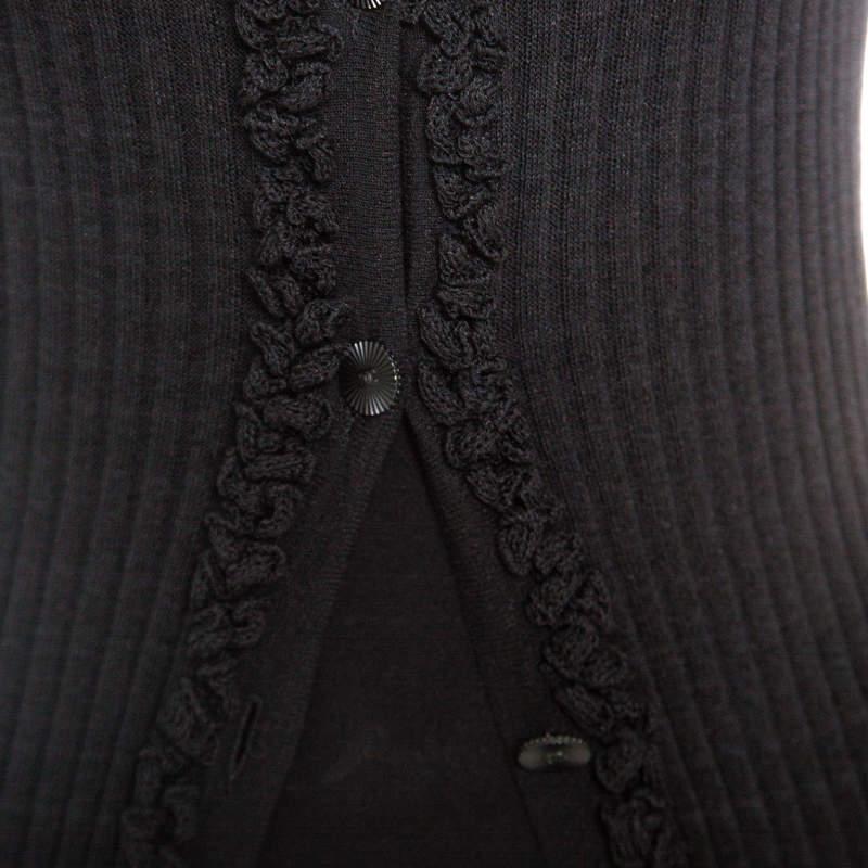 Women's Chanel Black Rib Knit Ruffle Trim Long Cardigan S For Sale