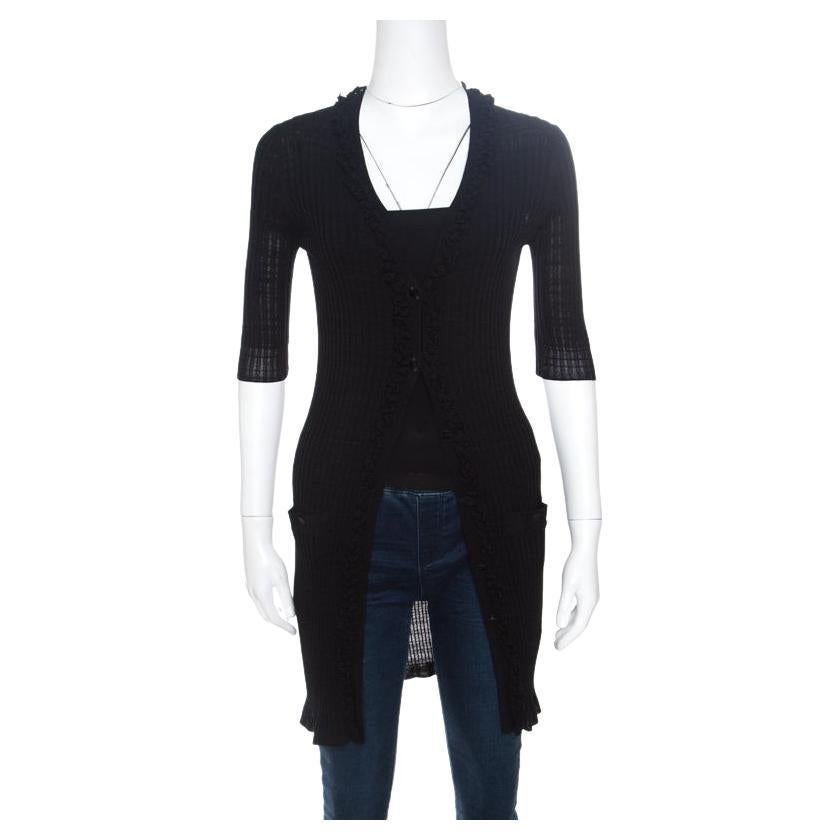 Chanel Black Rib Knit Ruffle Trim Long Cardigan S