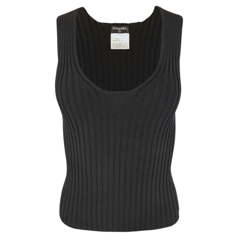 CHANEL Black Rib Knit Scoop Neck Sleeveless Sweater Top For Sale