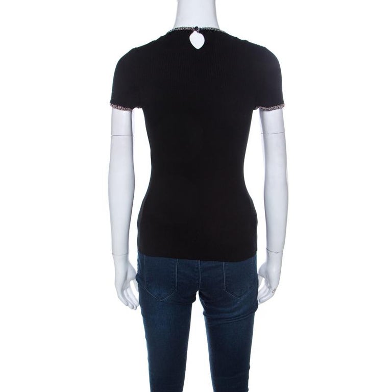 Chanel Black Ribbed Knit Coco Cuba Short Sleeve Top M For Sale at 1stDibs