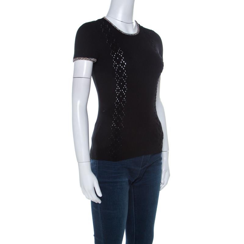 Chanel Black Ribbed Knit Coco Cuba Short Sleeve Top M 3