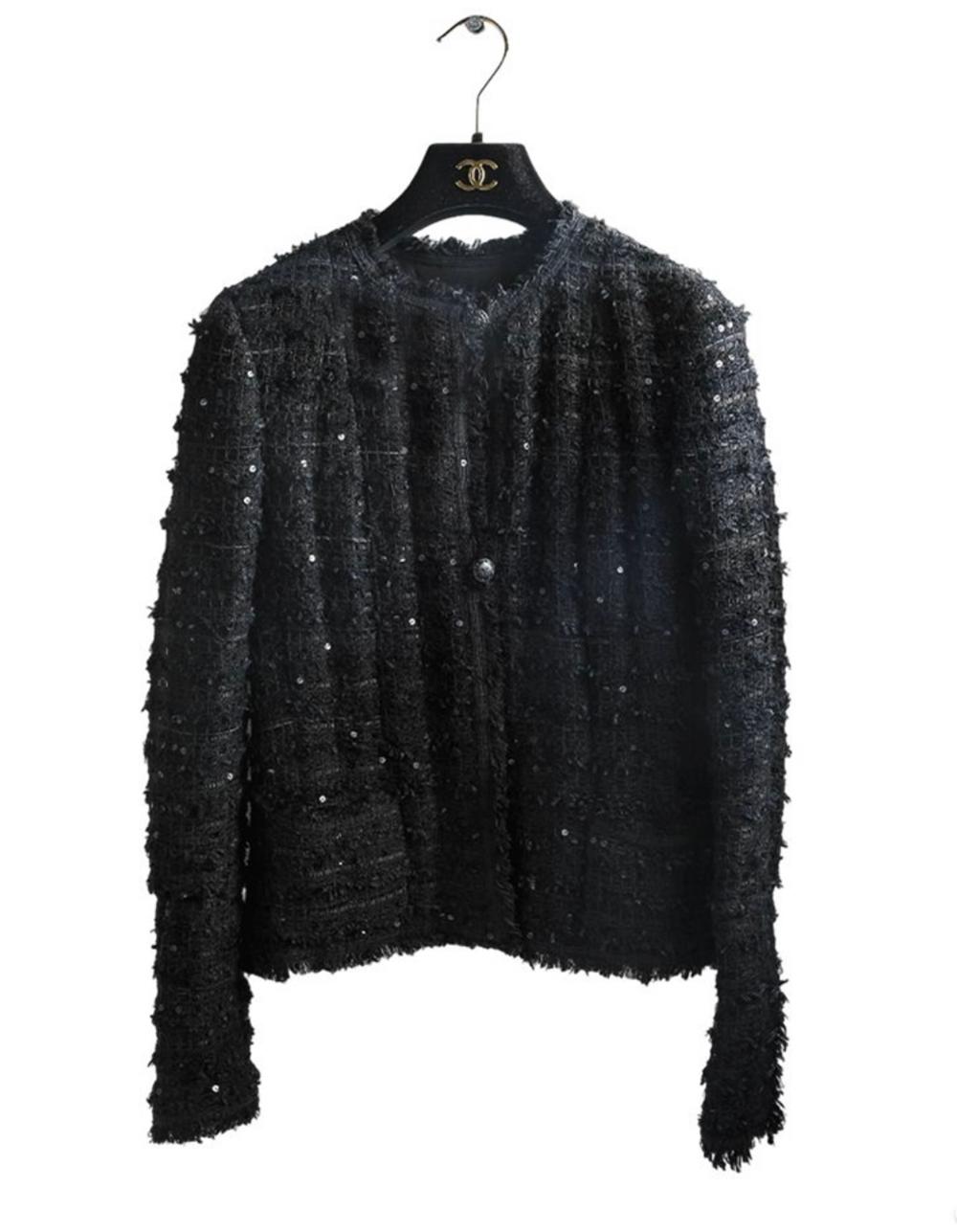 Chanel Black Ribbon Tweed Sequin Embellished Jacket In Excellent Condition In Dubai, AE