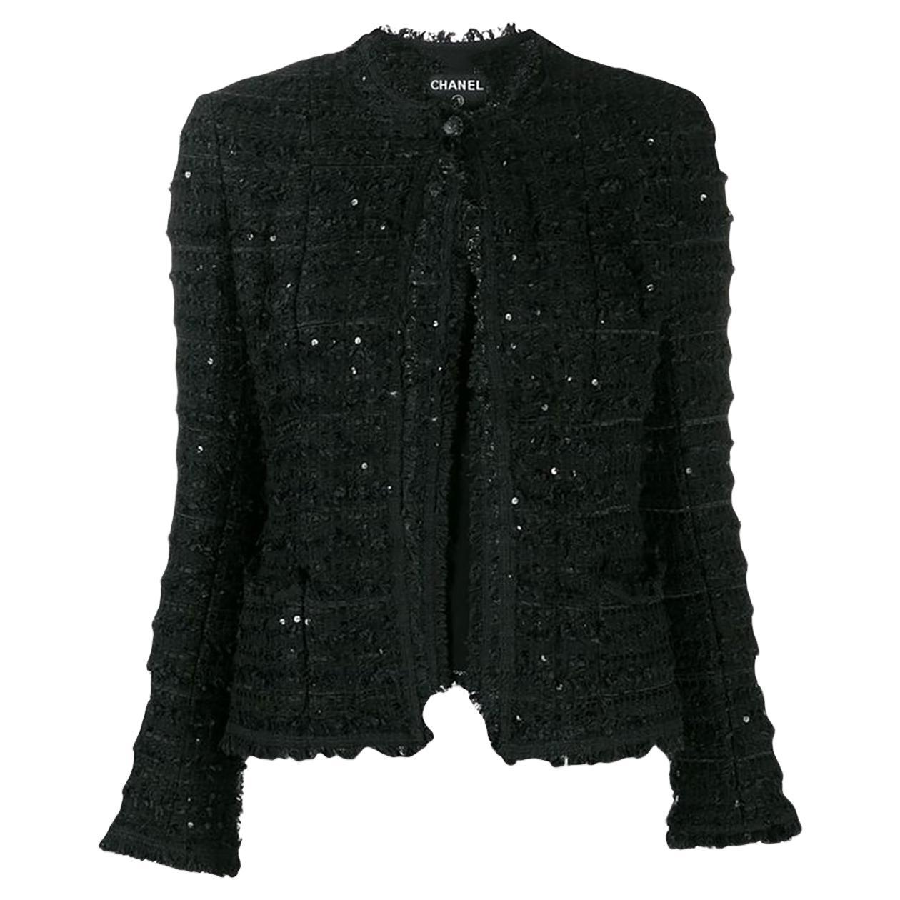 Chanel Black Ribbon Tweed Sequin Embellished Jacket