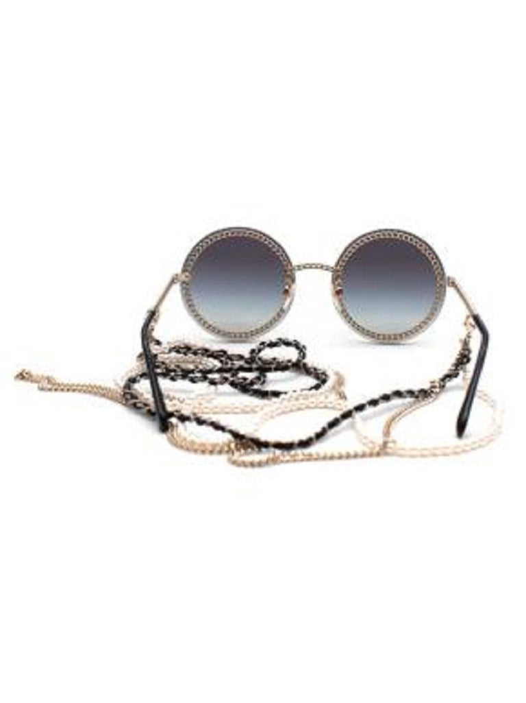 Chanel Black Round Sunglasses with and Pearl and Silver Chain at 1stDibs