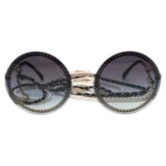 Chanel Black Round Sunglasses with Silver and Faux Pearl and Silver Chain  For Sale at 1stDibs