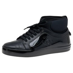 Chanel Black Rubber And Leather CC Mid Top Lace up Sneakers Size 39.5