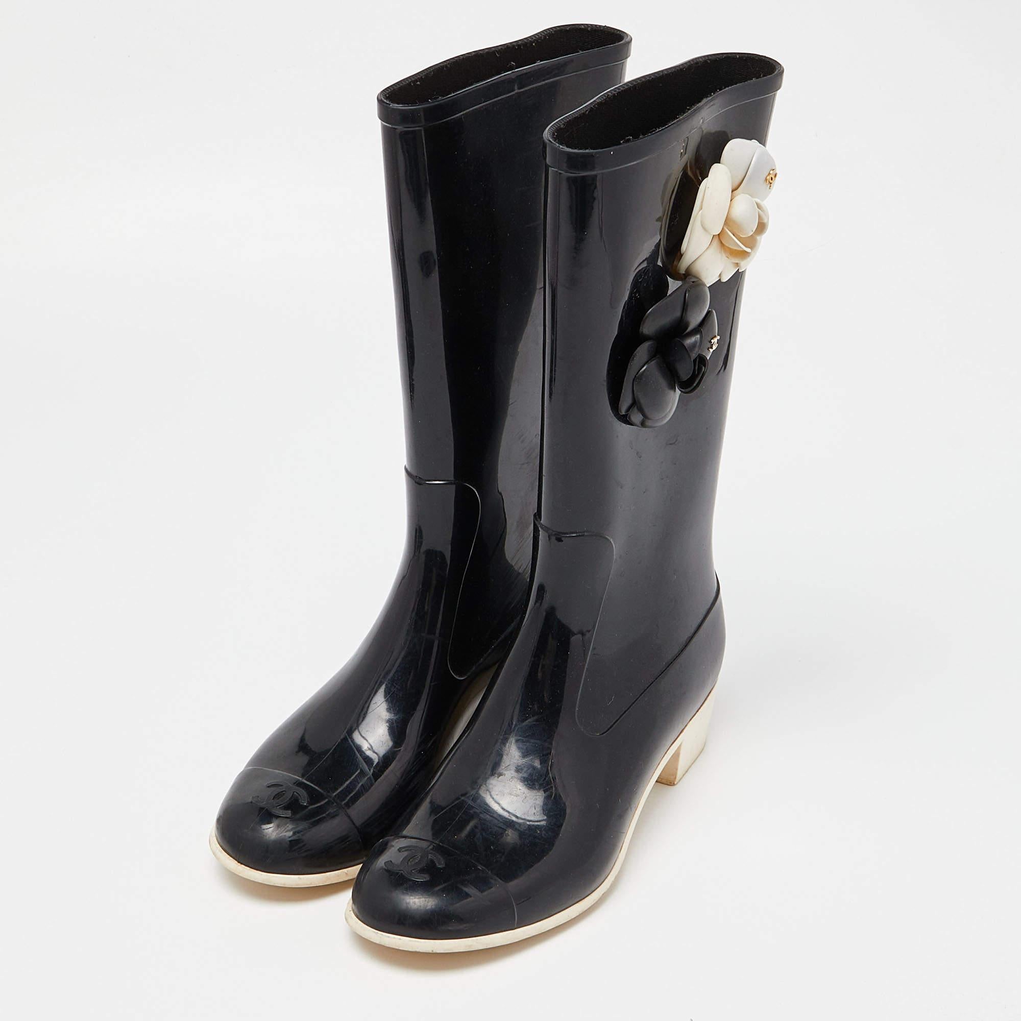Women's Chanel Black Rubber Camelia Rain Boots Size 38