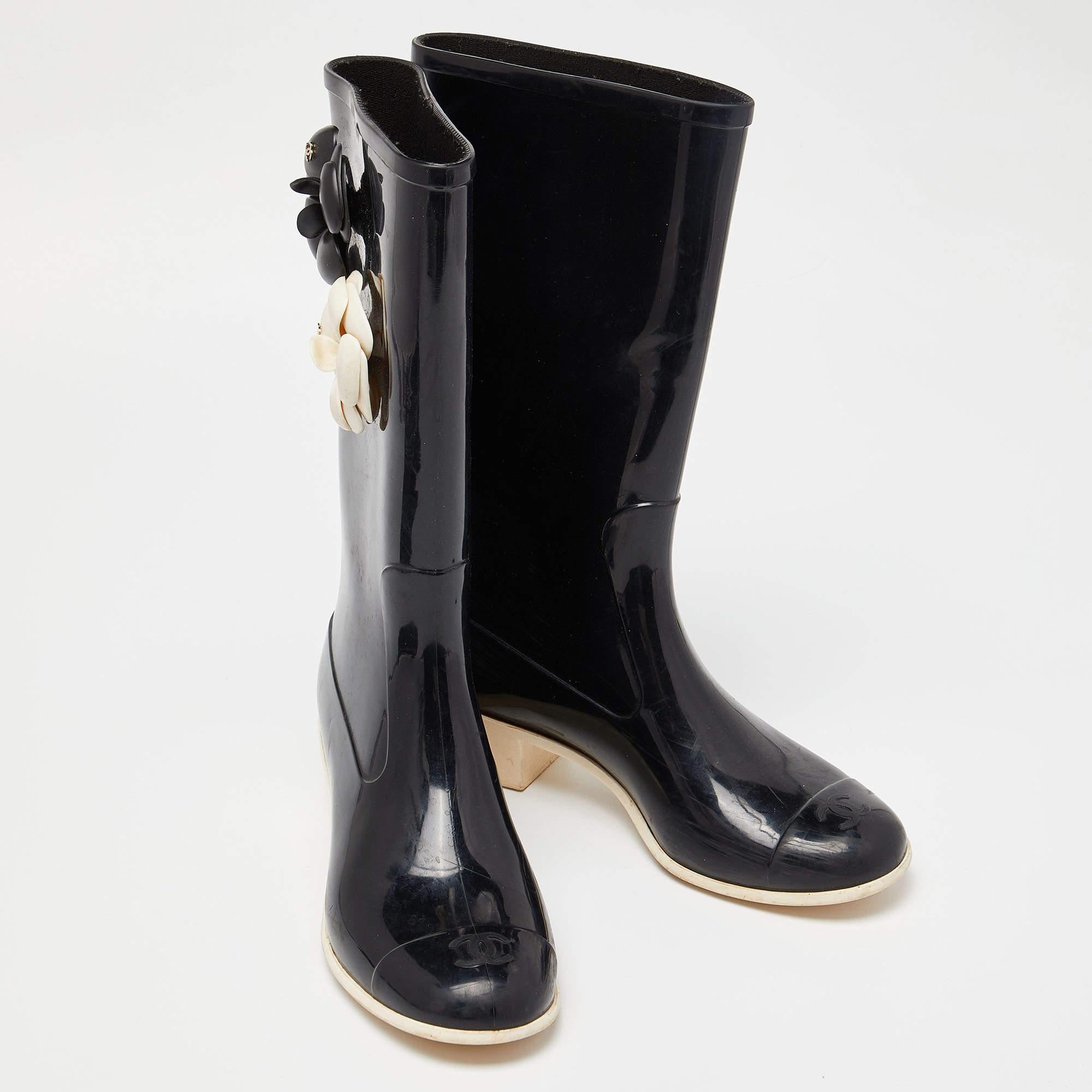 Chanel Black Rubber Camelia Rain Boots Size 38 1