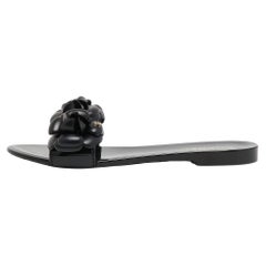 Chanel Black Rubber CC Camellia Flat Slides Size 39