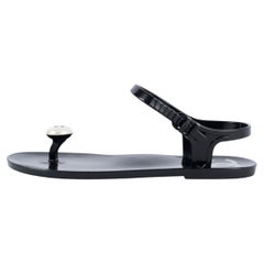 CHANEL black rubber LOGO PEARL THONG Sandals Shoes 38