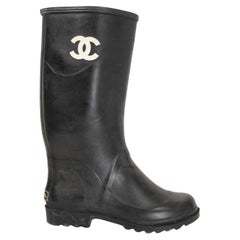 CHANEL black RUBBER RAIN Boots Shoes 37