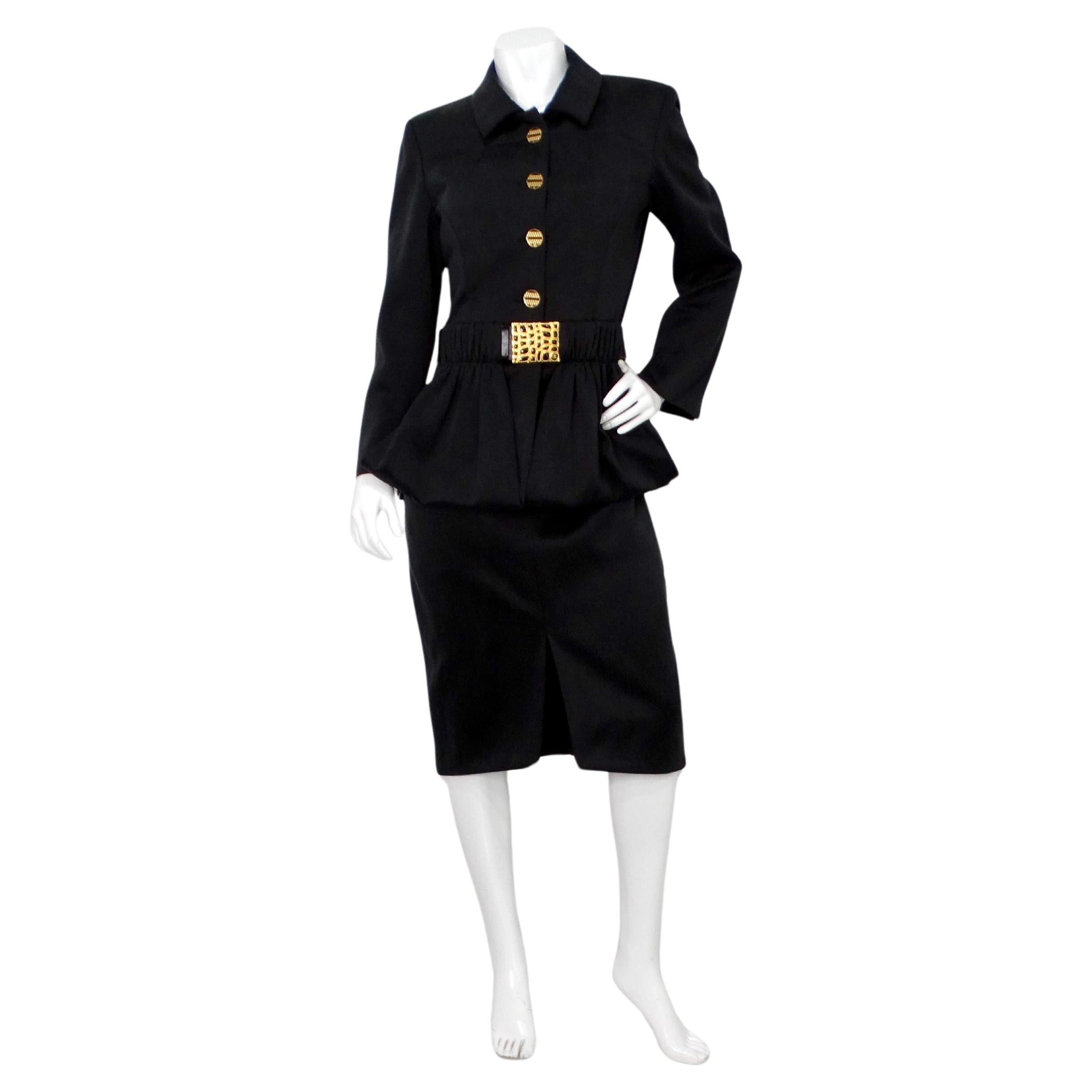 Chanel Black Ruched & Belted Silk Jacket & Skirt Suit Set circa 2019 en venta