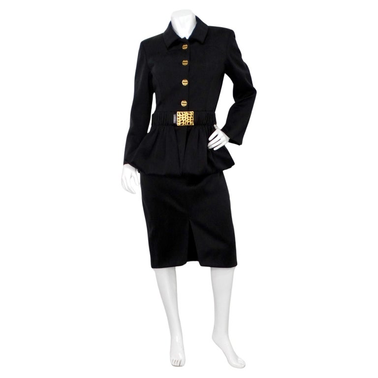 Chanel Black Ruched and Belted Silk Jacket and Skirt Suit Set