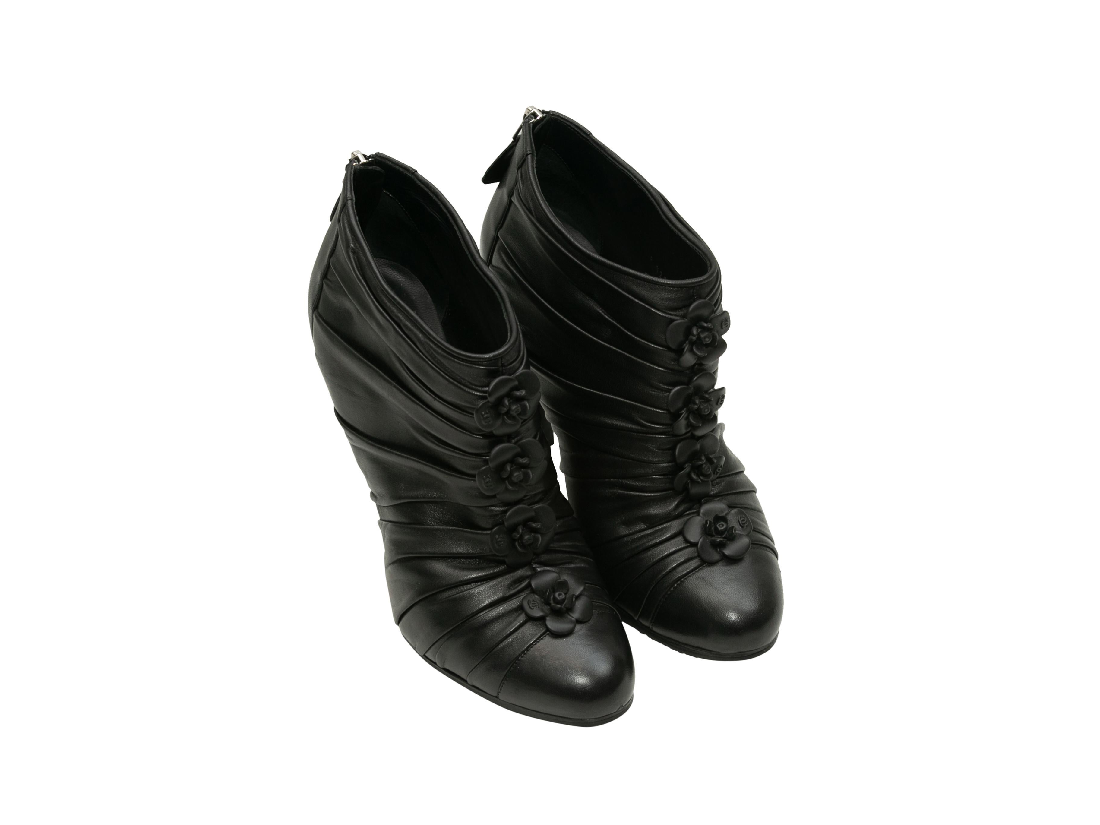 Chanel Black Ruched Leather Camellia Booties In Good Condition In New York, NY