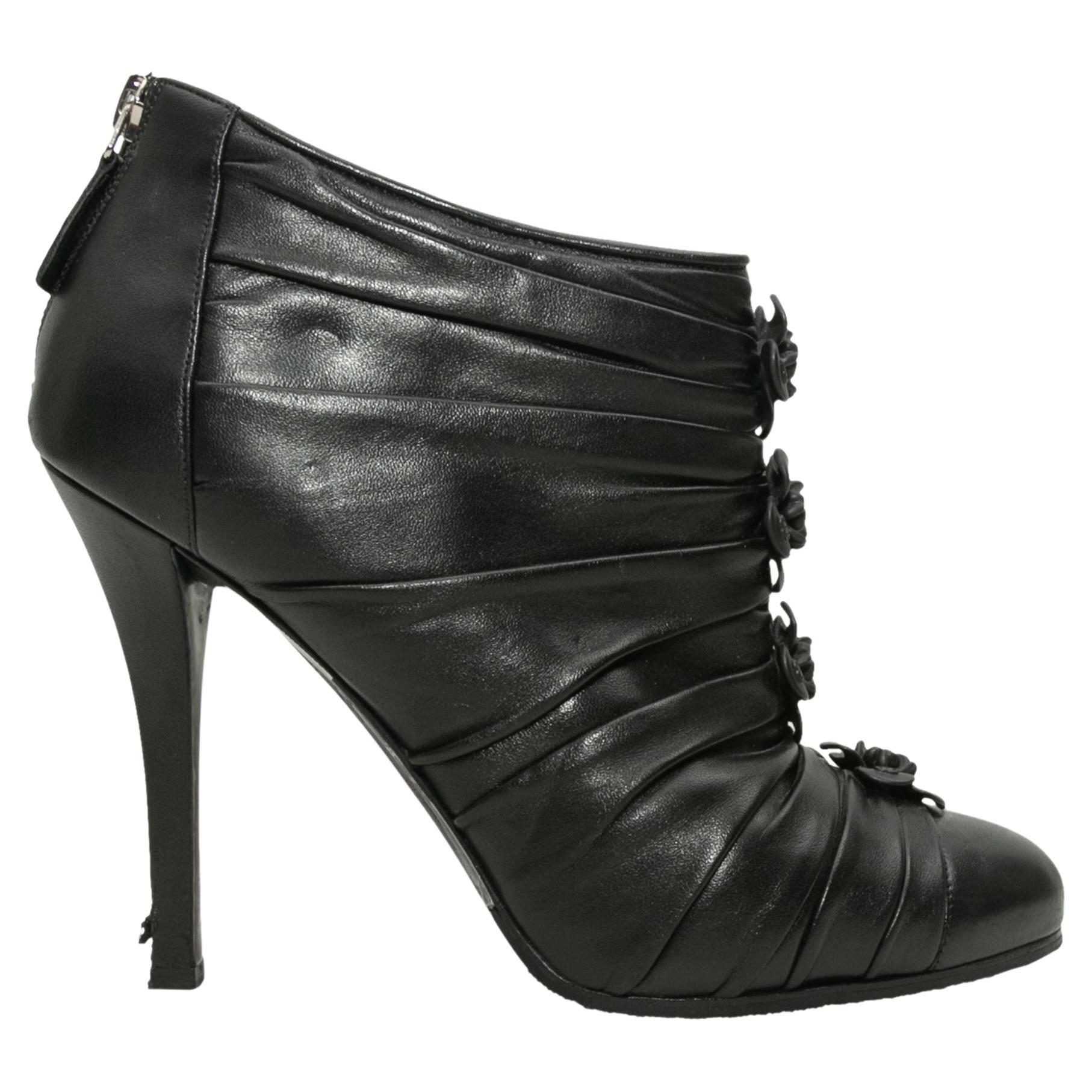 Chanel Black Ruched Leather Camellia Booties