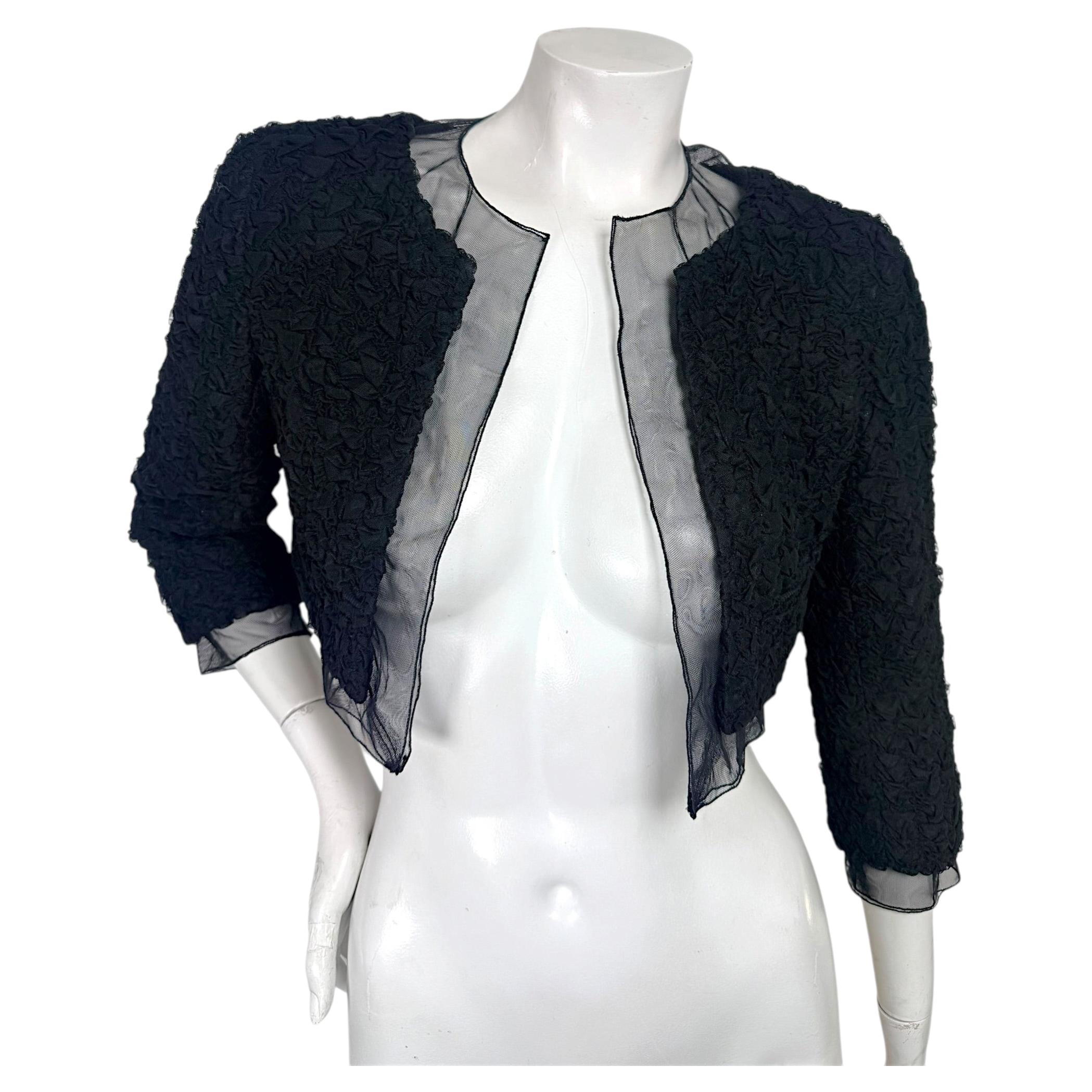 Chanel Black Ruched Silk Chiffon Cropped Bolero Jacket FR 34