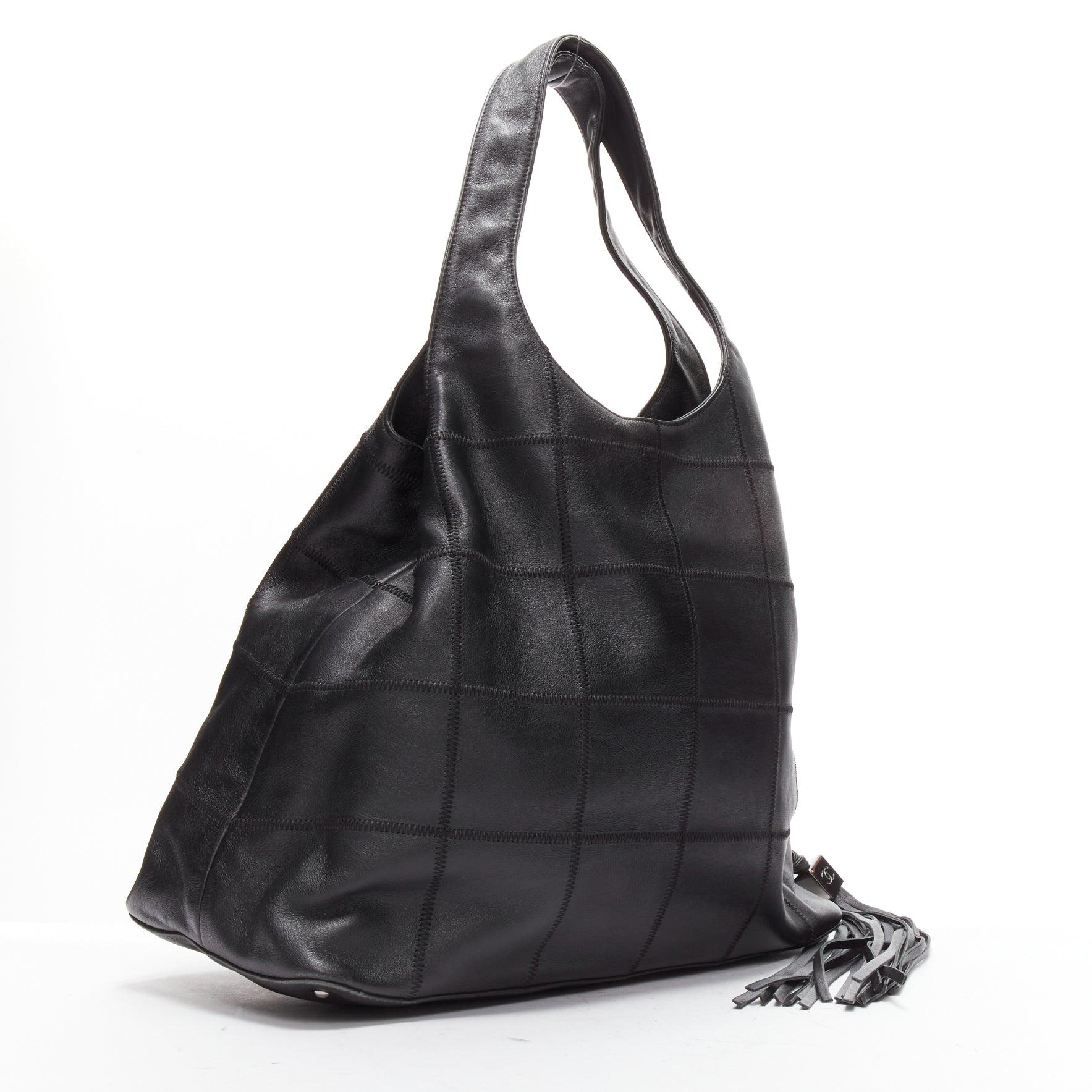 Black CHANEL black ruthenium CC logo square stitched tassel shoulder hobo bag