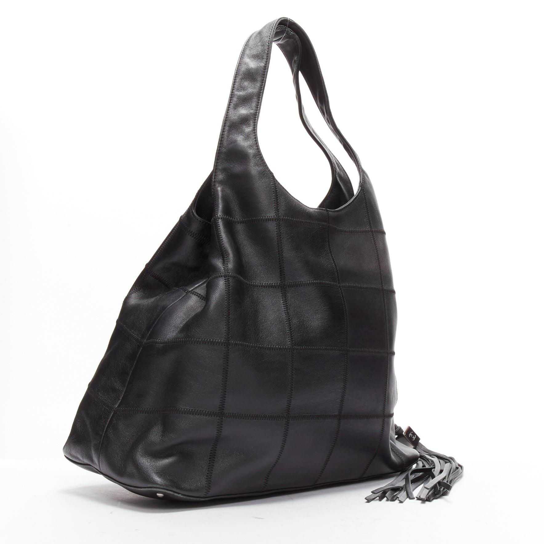 CHANEL black ruthenium CC logo square stitched tassel shoulder hobo bag In Good Condition For Sale In Hong Kong, NT