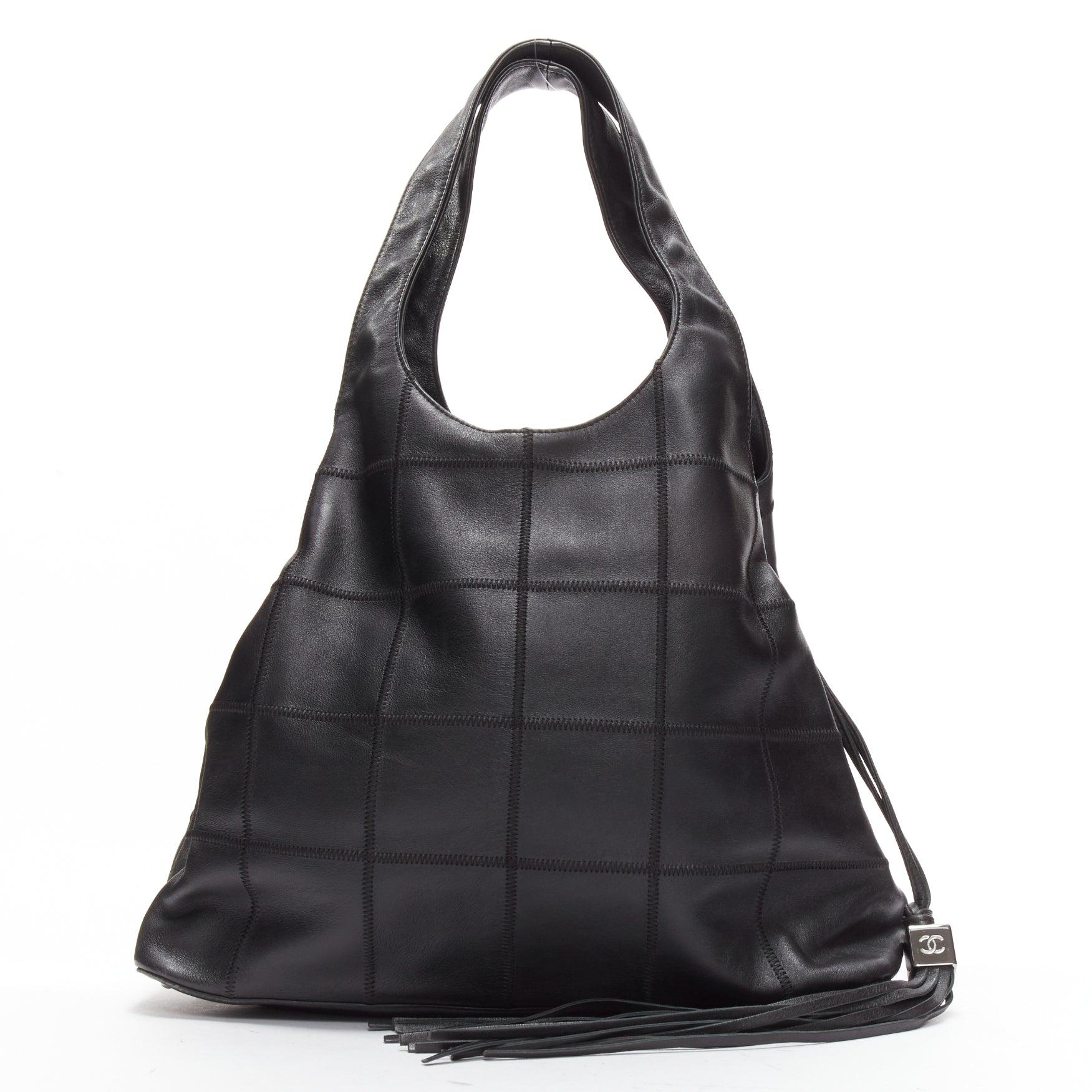 CHANEL black ruthenium CC logo square stitched tassel shoulder hobo bag For Sale