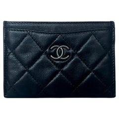 Chanel Black/Ruthenium Leather Quilted CC Card Holder