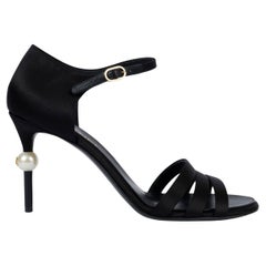 CHANEL black satin 2022 22K PEARL HEEL Sandals Shoes 41 fit 40